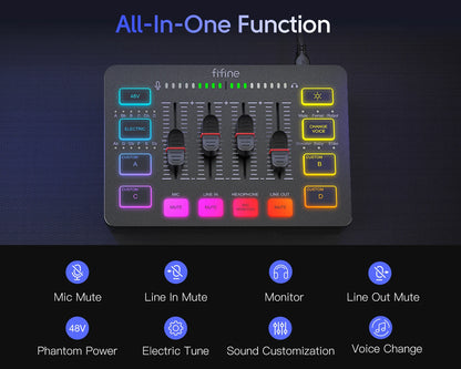 FIFINE RGB Gaming Mixer 🎮 – 4-Channel XLR Audio Interface for Gaming, Streaming, Podcasts & More